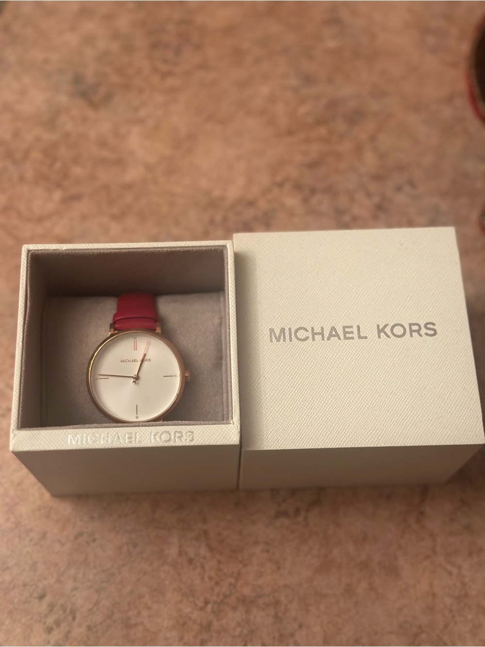 Michael Kors Gold Round Watch with Pink Leather Strap